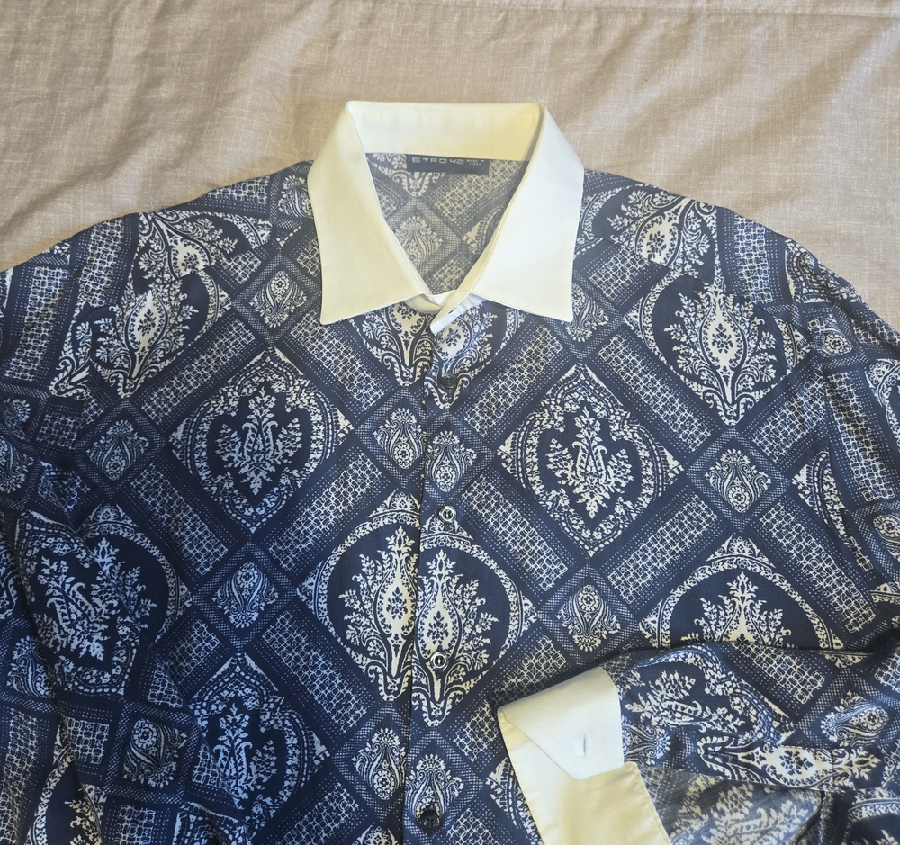 Etro Navy Paisley Button-Up Shirt with White Collar